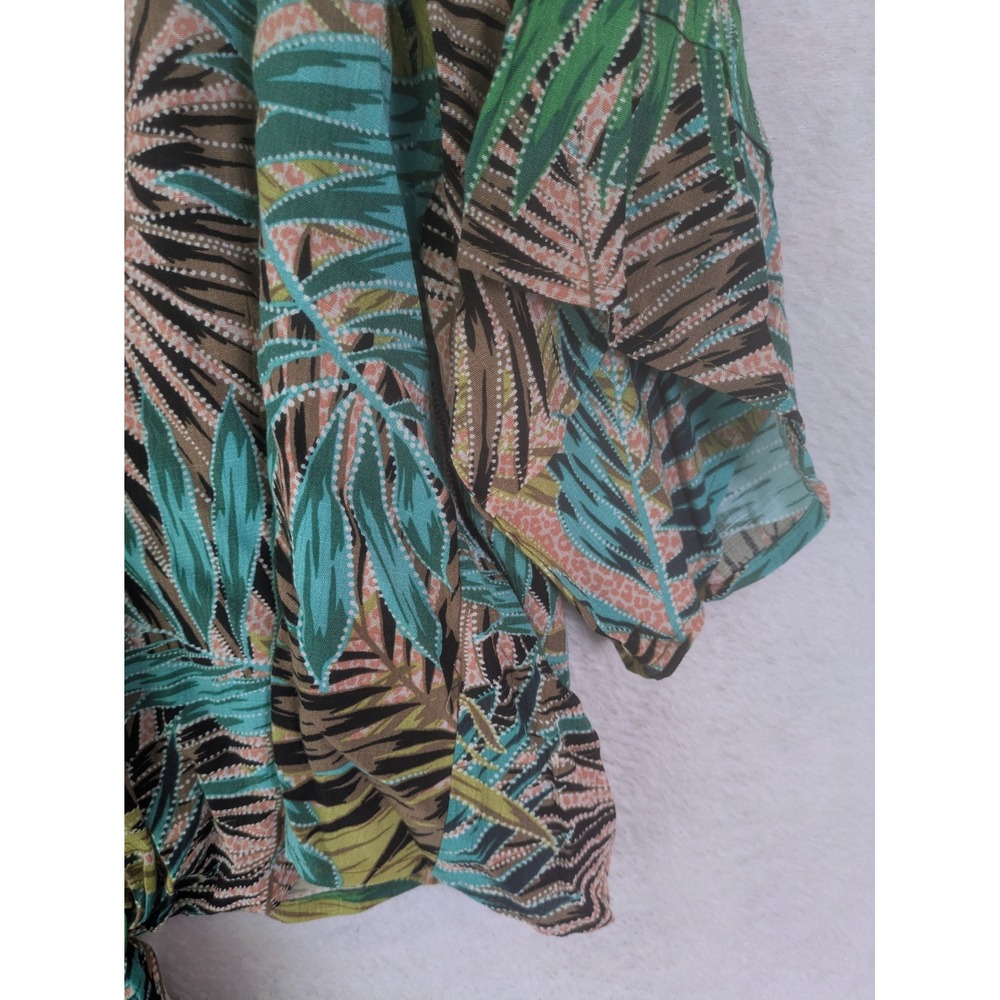 Democracy Top Women's Medium Green Tropical Palm Cold Shoulder Tie Front - Picture 7 of 10